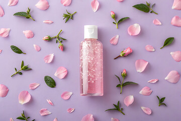 Pink rose floral beauty product flat lay