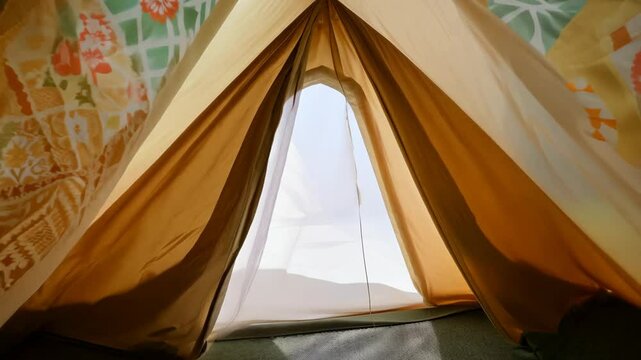 Children's teepee entrance with soft fabric and playful patterns. Concept of whimsical minimalism in modern childhood decor