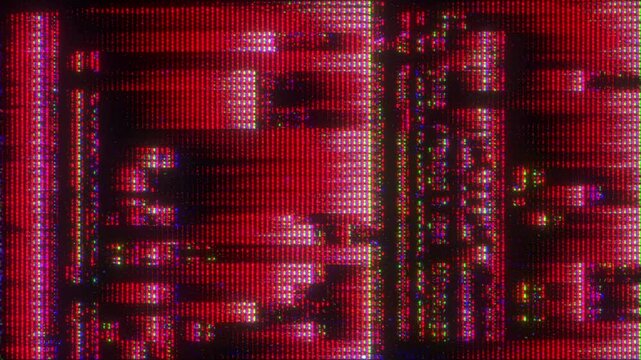 4K Glitched android face with red digital distortion, CRT scanlines and pixel interference, abstract humanoid form in corrupted data matrix for motion graphics overlay, screen mode, cyberpunk AI