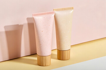 Pastel pink and beige cosmetic tubes with wooden caps