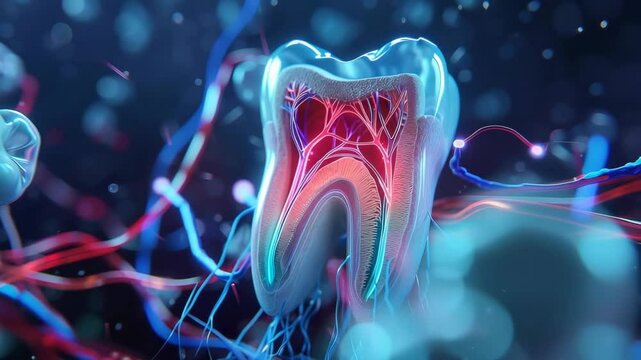 visualization of a human tooth and the nerve endings leading to it. concept of dental treatment in dentistry, removal of nerves, relief from pain