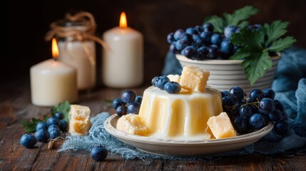 Creamy panna cotta dessert is delightfully arranged with fresh blueberries, grapes, and Parmesan cheese on a rustic wooden table with soft candlelight glow.