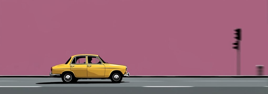 Voiture classique jaune sur route avec ciel rose et feu de circulation