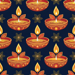"Traditional Diwali Oil Lamps Pattern on Dark Background"

