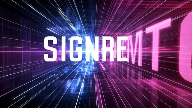 Futuristic text "SIGNREMITO" in a vibrant tunnel of light and lines