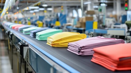 A conveyor belt transporting finished garments in a modern clothing production facility