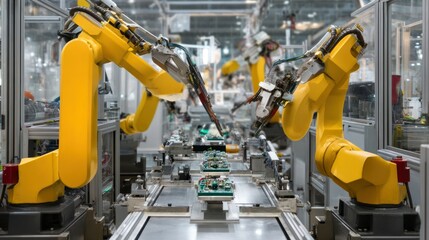 Inside a high-tech factory with robotic arms assembling electronic components on a production line
