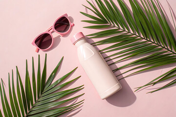 Pink sunglasses water bottle and palm leaves on pink background