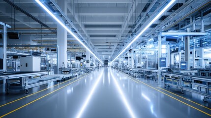 Obraz premium Wide-angle view of a futuristic factory floor with conveyor belts, sensors, and LED lighting