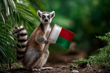 Ring-tailed lemur with the Madagascan flag in paws on jungle background. National symbol and patriotic decor concept. For Madagascar Day, Flag day. Funny animal for banner, poster, card