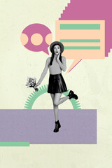 Image vertical photo pop collage of happy girl guy send receive message notification speech chat...