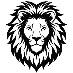 Intense lion head is powerfully portrayed with a black and white stylized image