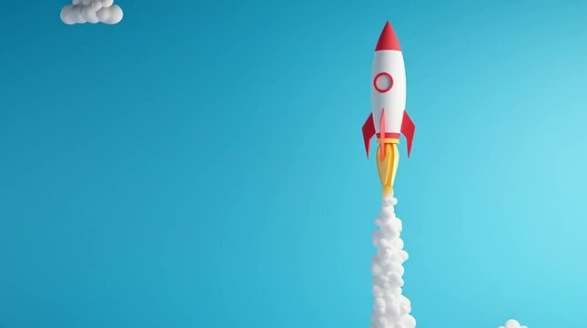Red cartoon rocket spaceship toy flying in the sky