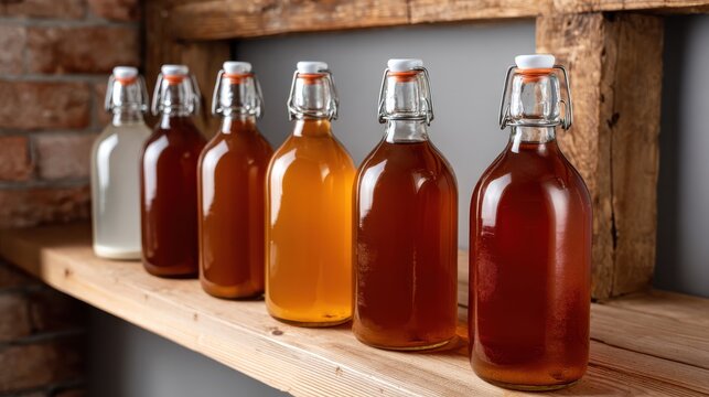 An assortment of fermented kombucha in clear glass bottles with white caps line a rustic wooden shelf against a textured brick wall in a well-lit, natural setting.