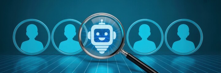 Magnifying glass highlighting a robot icon among human icons.