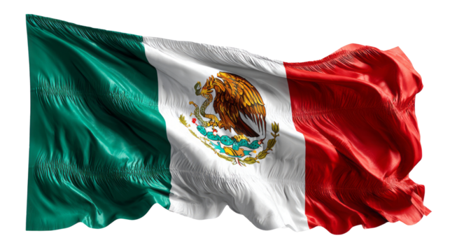 Mexican flag waving proudly in wind isolated, transparent background
