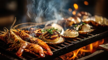 Various types of seafood like squid, prawns, and scallops grilling on an open flame barbecue, with smoke rising and a warm sunset glow, beach party vibe