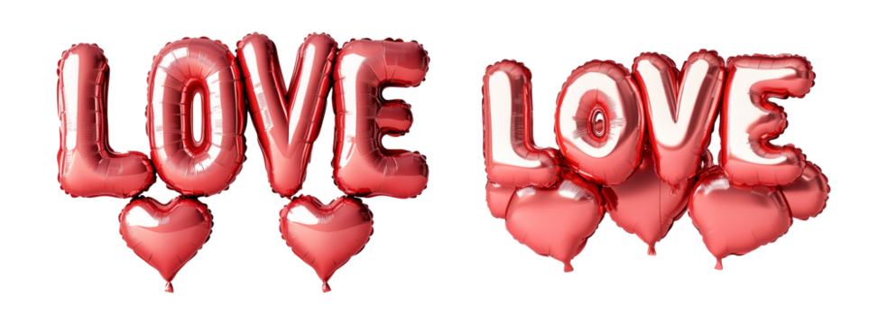 Set of red foil balloon letters forming the word LOVE isolated on white transparent background. Romantic celebration and Valentine's Day concept