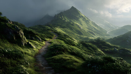 Fototapeta premium A mesmerizing mountain path illuminated by a glowing trail leads to the sky at dawn.