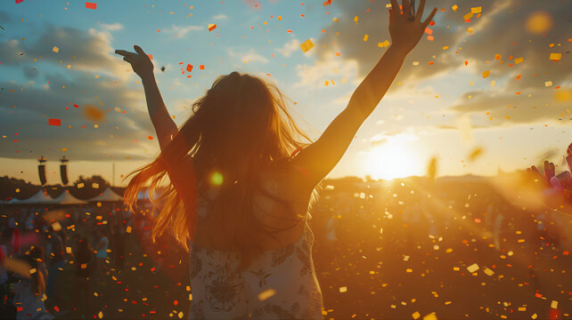 Sunlit silhouette of crowd of people dancing at a concert in front of the concept and stage. Crowd at concert with vivid lights and stage setup outdoor golden hour background