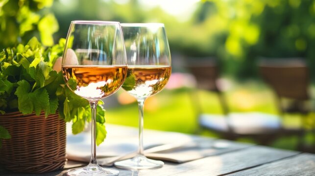 Two wine glasses garden table outdoor celebration summer green nature relaxation romantic drink