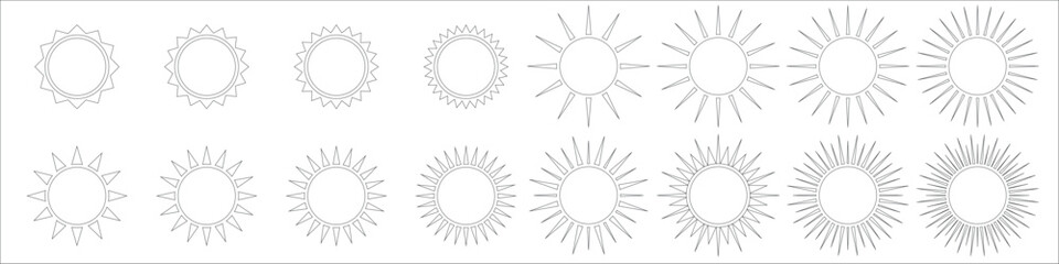 Set of simple icons of sun with a circular core and elongated spikes radiating outward. It is suitable for various design projects, showcasing warmth and brightness.