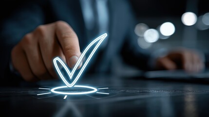 Business Verification: A close-up shot capturing a hand hovering over a glowing checkmark symbol, set against a blurred background, symbolizes approval, validation, and a job well done.