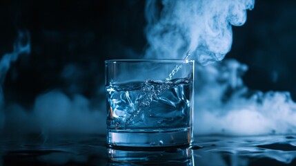 Glass of water with ice cubes and smoke dramatic lighting dark blue background refreshing cool drink