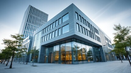 Modern office building with minimalist design, clean lines, and large windows, set in an urban plaza
