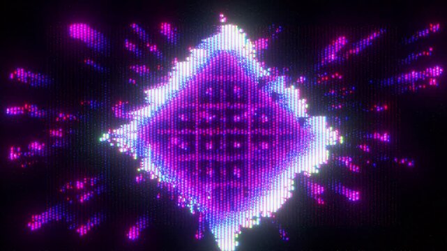 4K Seamless loop of glowing digital diamond shape with pixel explosion and CRT scanlines, purple-blue glitch animation for motion graphics overlay, screen mode, abstract cyberpunk tech aesthetic