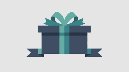 A dark blue gift box with a teal ribbon and bow on a light gray background design
