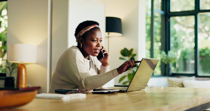 Phone call, laptop and black woman for remote work, planning and virtual assistance. Consultant, house and person on computer talking on smartphone for communication, contact and online project - Powered by Adobe