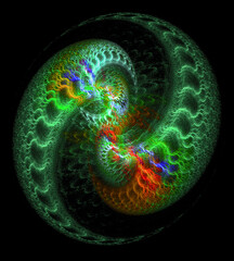 Openwork rotating green, with red and blue accents, fractals on a black background. Fractals are similar in shape to yin and yang. 3D rendering. 3D illustration.