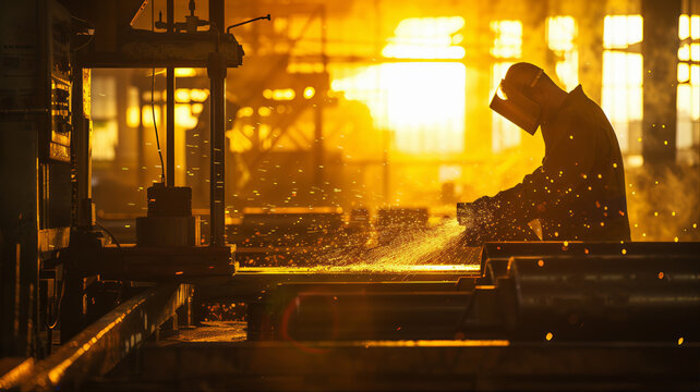 Industrial steel mill silhouette on a sunlit background. Worker in a steel factory manufacturing, metawlwork. Factory worker operating machinery, color grading.