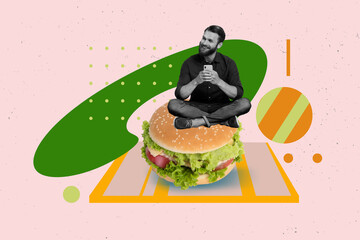 Composite trendy magazine photo collage of happy girl sit american hamburger fast food nutrition...