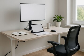 Modern Minimalist Workspace with Computer and Green Plant Elements