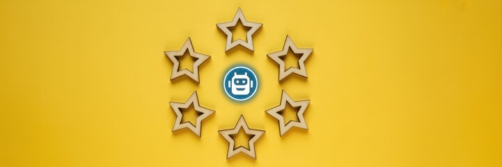 Fototapeta premium Wooden stars arranged around a central robot symbol on a yellow background.