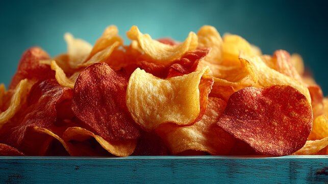 Crispy potato chips blue background snack fast food tasty golden fried salted appetizer crunchy texture junk