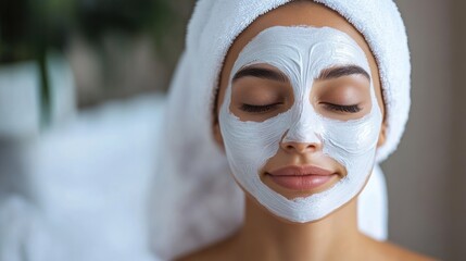 Serene Woman with Facial Mask and Towel, Eyes Closed, Spa Treatment.
