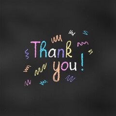 Cute Design Colorful Composition of Word "Thank you" Isolated on Chalkboard Backdrop. Children's Chalk Drawn Sketch.