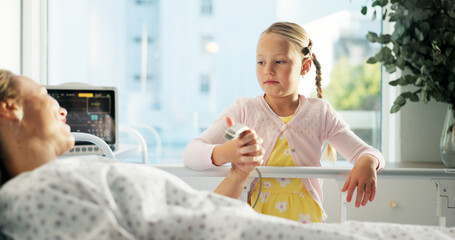 Sick mother, child and holding hands in hospital bed for support, care or hope for medical...