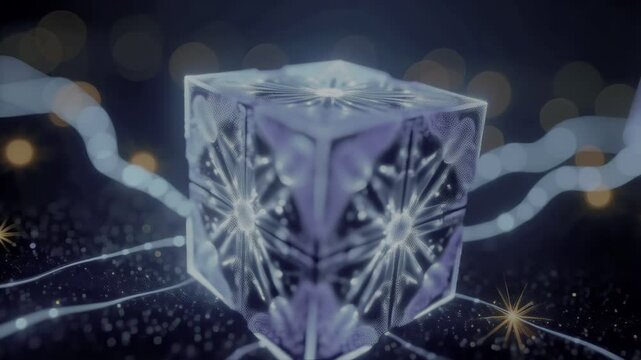 A glowing, crystalline cube floats amidst swirling ribbons and sparkling particles in a dark, ethereal space. It evokes a sense of magic and wonder