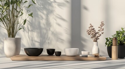 Fototapeta premium Modern ceramic bowls plates vases plants sunlight shadow clean design contemporary home table interior setup