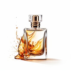 Elegant Transparent Perfume Bottle Decorated with White Flowers on White Background