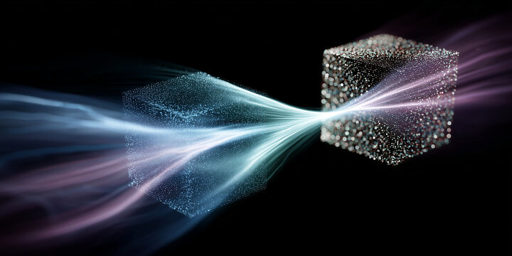  Fingers launch beams forming rotating cube visualizing cross-domain AI learning.
