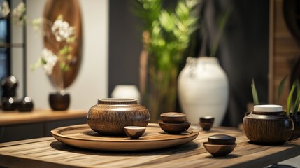 Tea set ceramic vases minimalist Japanese tray wood table zen decor modern home calm peaceful style