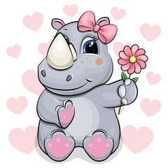 Cute Cartoon Rhino with pink flower and hair bow. Vector Illustration with animal on white background with pink hearts.