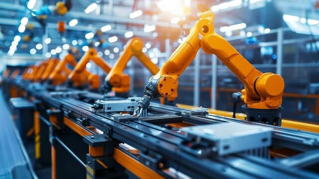 Factory with SCADA HMI robotics, assembly line and industrial electronics.
