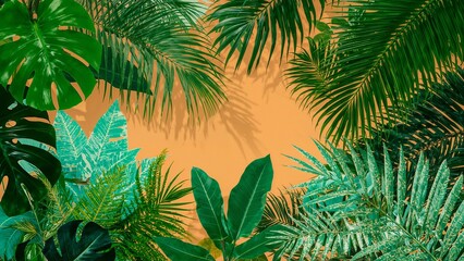 Tropical leaf against orange wall background