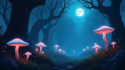 A mystical moonlit forest teeming with luminescent, night scene in the forest